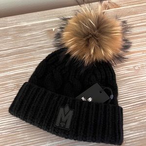 NWT Mackage Nina Cashmere Cable-Knit Beanie With Shearling Pom-Pom One Size